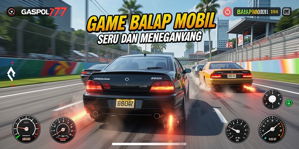 Tampilan antarmuka GASPOL77 yang menampilkan aksi balap mobil yang seru.